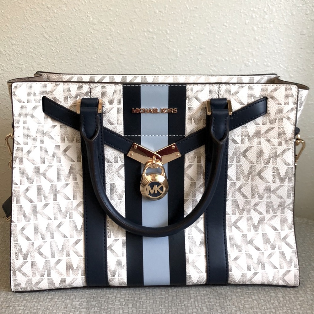 Michael Kors “Nouveau Hamilton” Satchel in Navy/Vanilla & Light Blue